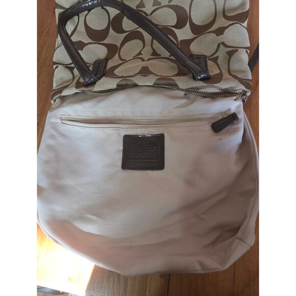 Authentic Coach Monogram Khaki and Vermillion Striped Shoulder Bag Tote Medium - Picture 12 of 13